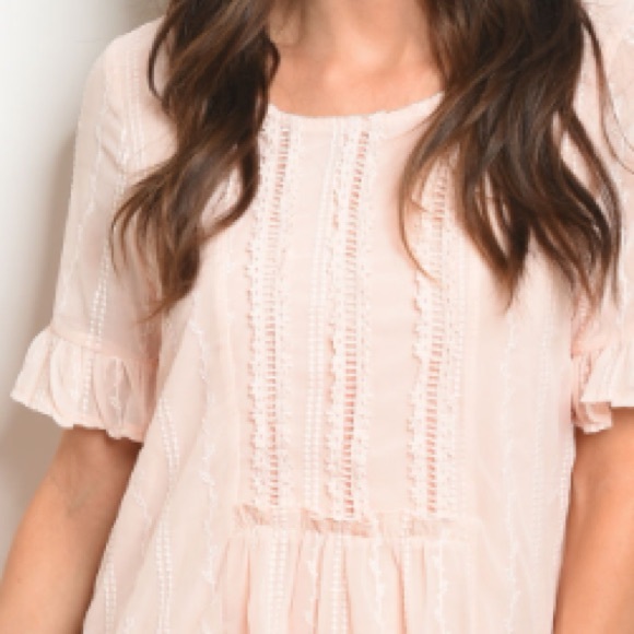Light Peach round neck crochet trim tunic dress - Picture 3 of 6